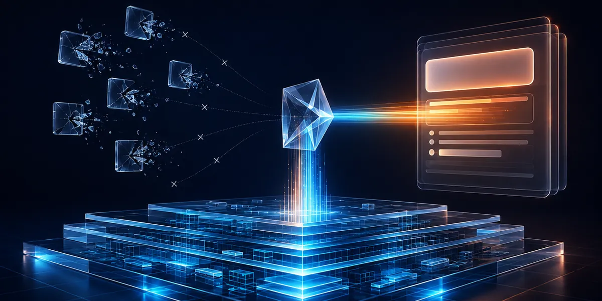 AI search visibility built on a layered foundation: shortcut tiles shatter on the left while a glowing prism turns the foundation into a clear beam of orange light reaching an answer card.