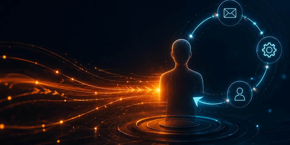 Customer retention visual: an orange paid-acquisition pathway reaching a customer while a blue email and automation loop maintains the relationship.