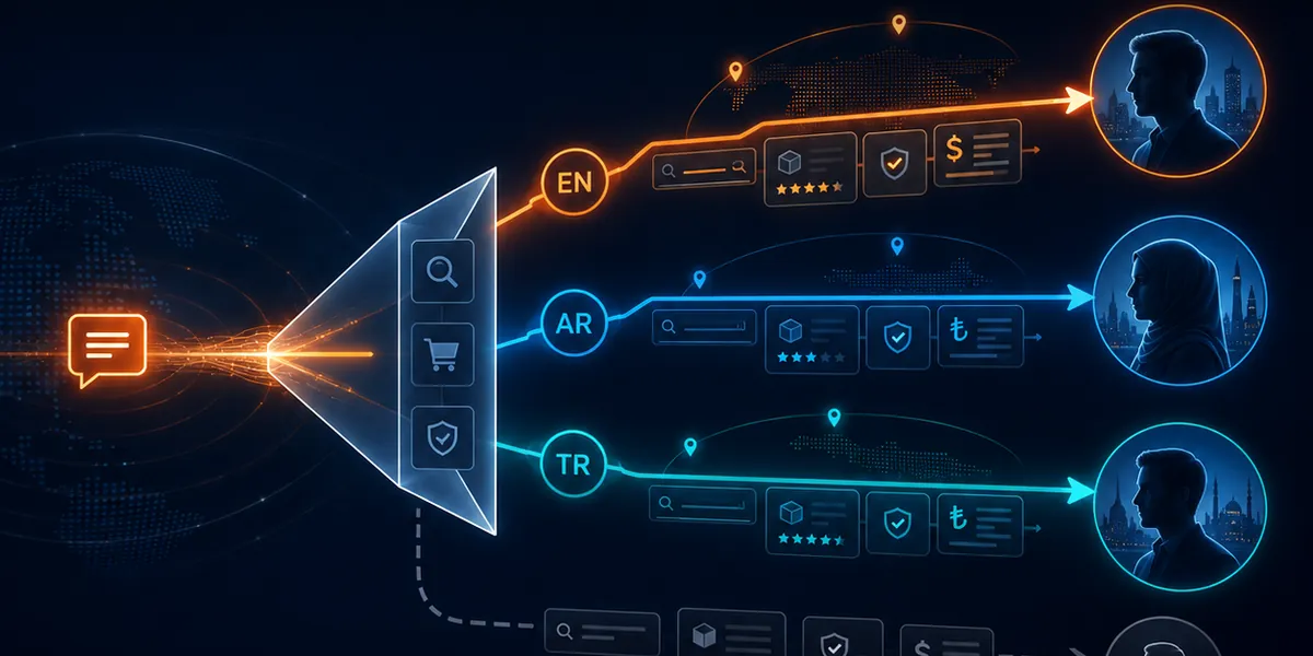 Which language to launch first: one message splitting into English, Arabic and Turkish customer journeys while a direct translation path fades out.