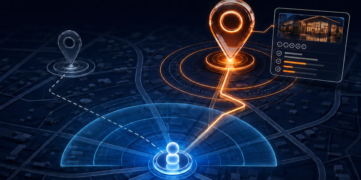 Google Maps SEO illustrated on a night map: a customer in the middle sees a faint nearby pin overlooked while a brighter orange listing card draws the route.