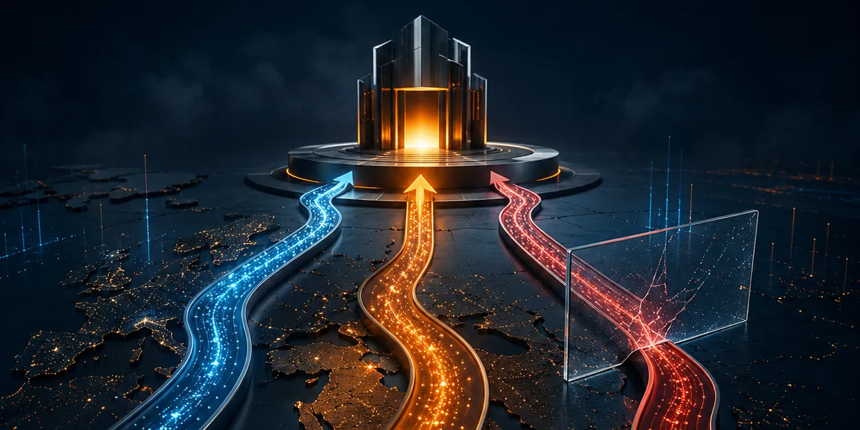 Multilingual marketing shown as three glowing pathways, one for each language market, leading to a central business destination while a cracked glass barrier blocks one path.