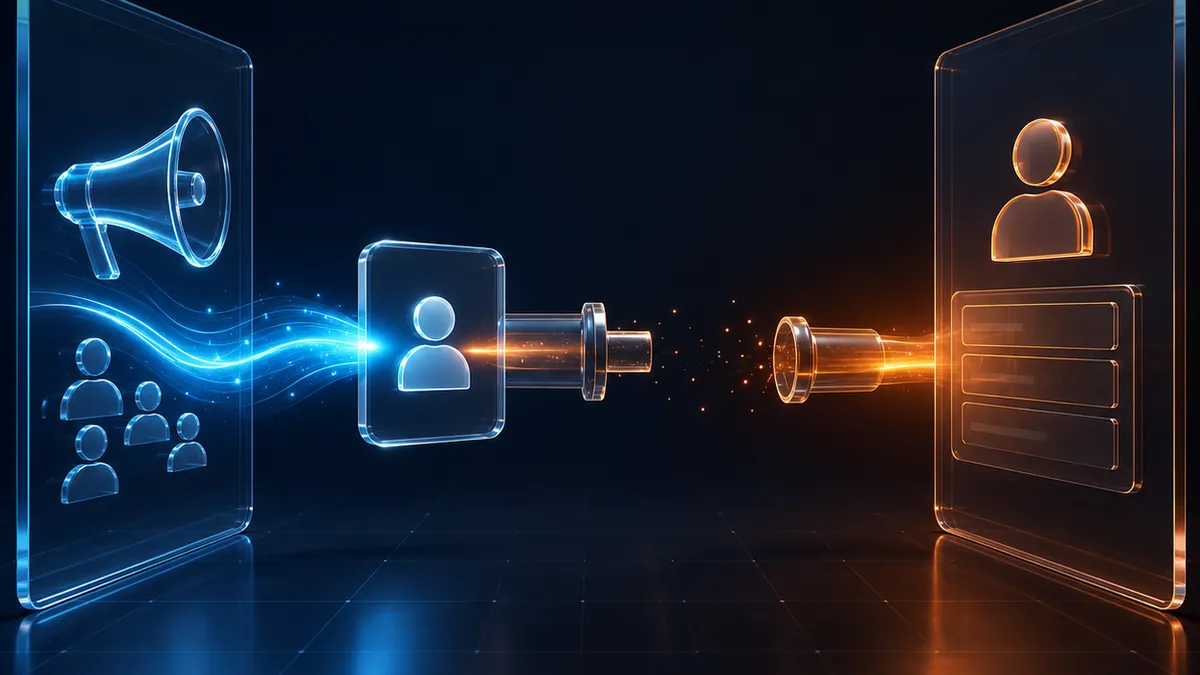 Lead handoff diagram: a glowing megaphone panel linked by a stream of light, through a lead icon, to a CRM form panel.