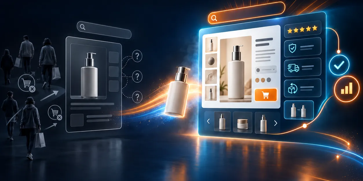 Product page optimization visual: an incomplete product listing that loses shoppers beside a complete, trustworthy product page that leads to a purchase.