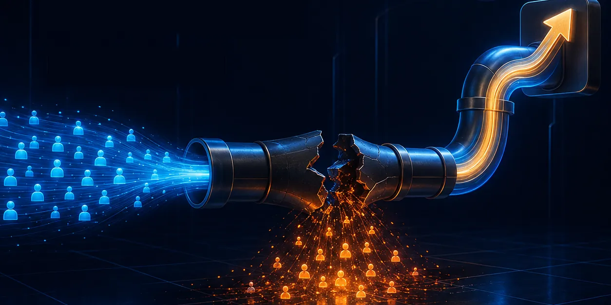 More traffic but no sales: a cracked pipeline sends visitors in from the left while potential customers leak out as orange sparks, and only a trickle reaches the growth arrow.